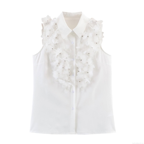 Women's White Sleeveless Blouse With 3D Floral Applique And Rhinestone Beaded Decoration Elegant Polyester Polo Neck Summer Top For Daily Dating
