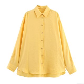 Women's Long Sleeve Polyester Poplin Shirt Casual Loose Button Down Blouse With Curved Hem Lapel Collar Plain And Striped Tops For Daily Wear
