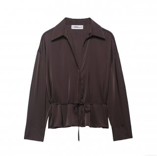 Women's Elegant Satin Silk-Like Blouse V-Neck Long Sleeve Shirt With Tie Waist Belt Commuter Minimalist Solid Color 100% Polyester Tops