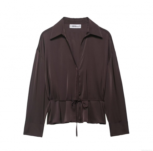 Women's Elegant Satin Silk-Like Blouse V-Neck Long Sleeve Shirt With Tie Waist Belt Commuter Minimalist Solid Color 100% Polyester Tops