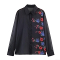 Women's Loose Sheer Chiffon Blouse With Floral Print Sexy Long Sleeve Button Down Shirt For Casual Party Fashion Tops