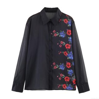 Women's Loose Sheer Chiffon Blouse With Floral Print Sexy Long Sleeve Button Down Shirt For Casual Party Fashion Tops