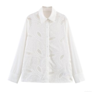 Women's French Romantic White Embroidered Blouse Hollow Out Long Bubble Sleeve Shirt Turn Down Collar Elegant Loose A-Line Top For Ladies