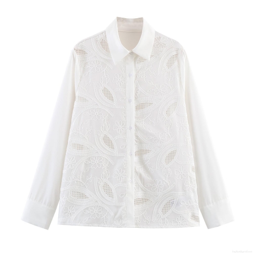 Women's French Romantic White Embroidered Blouse Hollow Out Long Bubble Sleeve Shirt Turn Down Collar Elegant Loose A-Line Top For Ladies