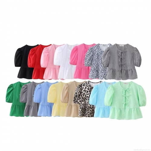 Women's Cute Puff Sleeve Peplum Top Sweet Bow Tie Front Short Sleeve Blouse Solid Color Round Neck Ruffle Hem Summer Shirt For Dating Daily Girly Fashion