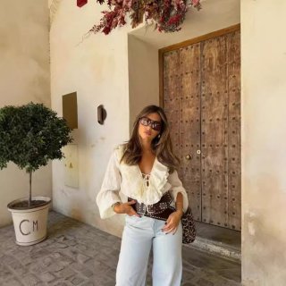 Women French Style V Neck 100% Polyester Ruffle Chiffon Blouse Long Sleeve Tie Front Solid Color Elegant Sweet Casual Shirt For Women Fashion Tops