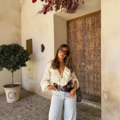 Women French Style V Neck 100% Polyester Ruffle Chiffon Blouse Long Sleeve Tie Front Solid Color Elegant Sweet Casual Shirt For Women Fashion Tops