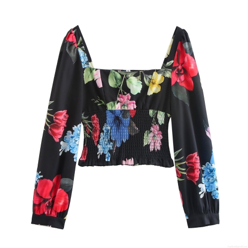 Women's Floral Print Square Neck Blouse Puff Long Sleeve Smocking Slim Fit Crop Top Polyester Vintage Style Shirt for Casual Party Ladies Fashion