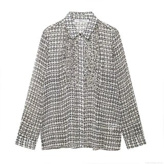 French Style Elegant Geometric Print Chiffon Blouse For Women Long Sleeve Pleated Lapel Shirt Office Commute Tops With Gold Thread Detail