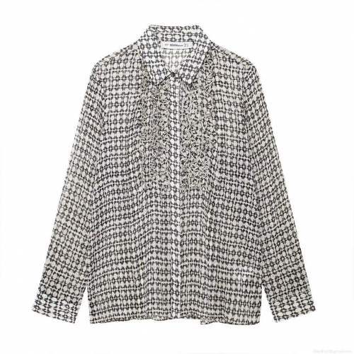 French Style Elegant Geometric Print Chiffon Blouse For Women Long Sleeve Pleated Lapel Shirt Office Commute Tops With Gold Thread Detail