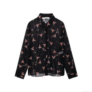 Women's French Retro Martini Glass Print Chiffon Shirt Sheer Black Long Sleeve Lapel Button Up Loose Blouse Top For Party Daily Wear