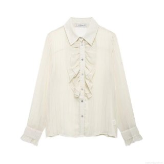 Women's French Romantic Ivory White Blouse 100% Polyester Vertical Striped Texture Shirt Frill Ruffle Collar Long Sleeve Top For Daily Office Elegant Casual Chic Apparel