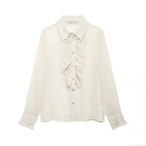 Women's French Romantic Ivory White Blouse 100% Polyester Vertical Striped Texture Shirt Frill Ruffle Collar Long Sleeve Top For Daily Office Elegant Casual Chic Apparel