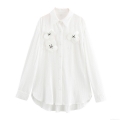 Women's Textured White Blouse 3D Fabric Flower Decoration Pearl Button Lapel Shirt Casual Vacation Puff Sleeve Top