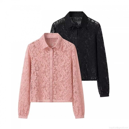 Elegant Floral Lace Long Sleeve Blouse Women Sexy Sheer Polo Collar Button Down Shirt Top Fashion Party Wear Black Pink