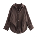 Women's Striped Batwing Sleeve Shirt Loose Turn-down Collar Button Down Blouse Commuter Style Autumn Winter Polyester Top For Women
