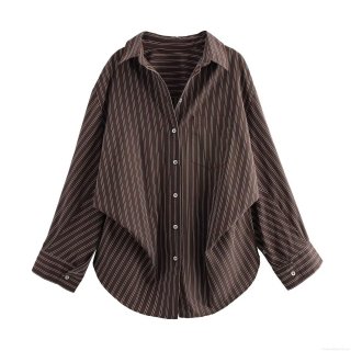 Women's Striped Batwing Sleeve Shirt Loose Turn-down Collar Button Down Blouse Commuter Style Autumn Winter Polyester Top For Women