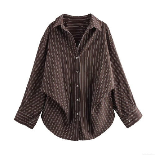 Women's Striped Batwing Sleeve Shirt Loose Turn-down Collar Button Down Blouse Commuter Style Autumn Winter Polyester Top For Women