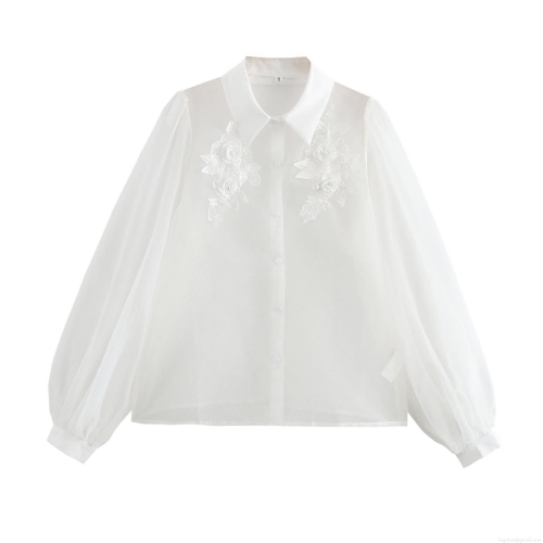 Elegant French Vintage Organza Blouse Women's Sheer Mesh Floral Embroidery Top With Pearls Lantern Long Sleeve Turnover Collar Button Down Loose Shirt For Vacation