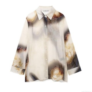 Women's Abstract Tie Dye Print Satin Blouse Elegant Long Sleeve Shirt Lapel Loose Button Down Top Office Commuter Fashion Streetwear Casual Blouse