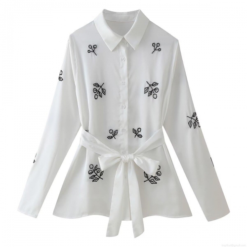 Elegant White Beaded Leaf Pattern Blouse Women's Long Sleeve Lapel Waist Tie Shirt Office Commute Polyester Tops For Lady