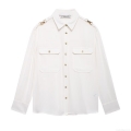Women's White Long Sleeve Polyester Crepe Shirt Elegant Military Style Shoulder Epaulettes Gold Metal Buttons Workwear Office Blouse For Women