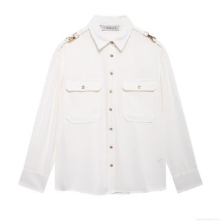 Women's White Long Sleeve Polyester Crepe Shirt Elegant Military Style Shoulder Epaulettes Gold Metal Buttons Workwear Office Blouse For Women