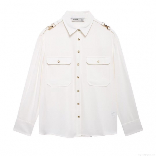 Women's White Long Sleeve Polyester Crepe Shirt Elegant Military Style Shoulder Epaulettes Gold Metal Buttons Workwear Office Blouse For Women