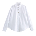 Women's Elegant White Polyester Poplin Shirt With Gold Irregular Metal Buttons Long Sleeve Lapel Loose Blouse Office Work Casual Tops