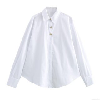 Women's Elegant White Polyester Poplin Shirt With Gold Irregular Metal Buttons Long Sleeve Lapel Loose Blouse Office Work Casual Tops