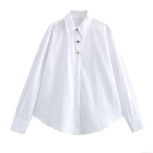 Women's Elegant White Polyester Poplin Shirt With Gold Irregular Metal Buttons Long Sleeve Lapel Loose Blouse Office Work Casual Tops
