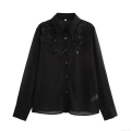 Elegant Women Black Chiffon Blouse Sequin Beaded Flower Embroidery Turn-Down Collar Loose Long Sleeve Button Down Shirt For Office Commute Party