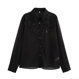 Elegant Women Black Chiffon Blouse Sequin Beaded Flower Embroidery Turn-Down Collar Loose Long Sleeve Button Down Shirt For Office Commute Party