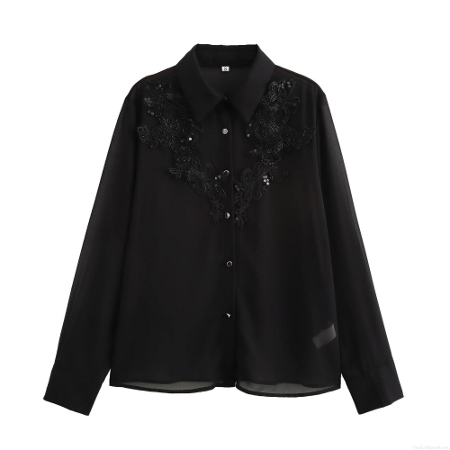 Elegant Women Black Chiffon Blouse Sequin Beaded Flower Embroidery Turn-Down Collar Loose Long Sleeve Button Down Shirt For Office Commute Party