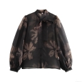 Elegant Women's Floral Print Organza Blouse Sheer Mesh Long Sleeve Top With Bow Tie Neck Vintage Loose Fit See-Through Shirt For Office Party Daily Wear