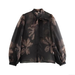 Elegant Women's Floral Print Organza Blouse Sheer Mesh Long Sleeve Top With Bow Tie Neck Vintage Loose Fit See-Through Shirt For Office Party Daily Wear