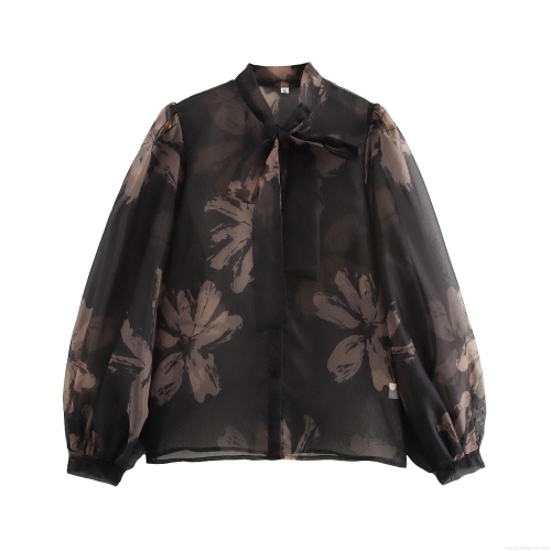 Elegant Women's Floral Print Organza Blouse Sheer Mesh Long Sleeve Top With Bow Tie Neck Vintage Loose Fit See-Through Shirt For Office Party Daily Wear