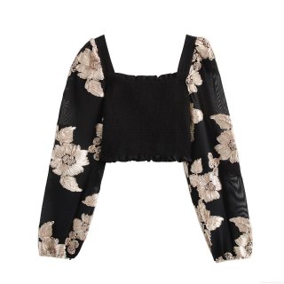 Women's Vintage Square Neck Lace Blouse Floral Embroidery Mesh Sleeve Smocked Top Retro Elegant Sheer Long Sleeve Short Shirt For Women