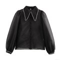 Elegant Women Black Organza Blouse With Pearl Trim Lapel Collar Lantern Long Sleeve Loose Sheer Mesh Shirt Top For Office Party Lady