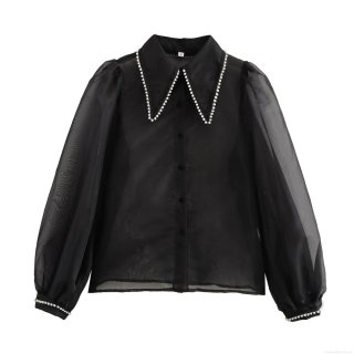 Elegant Women Black Organza Blouse With Pearl Trim Lapel Collar Lantern Long Sleeve Loose Sheer Mesh Shirt Top For Office Party Lady