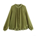 Women's Olive Green Chiffon Blouse Elegant Stand Collar Long Lantern Sleeve Shirt Metallic Gold Striped Smocked Tops Loose Fit Commute Apparel
