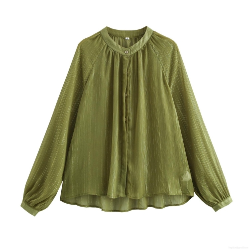 Women's Olive Green Chiffon Blouse Elegant Stand Collar Long Lantern Sleeve Shirt Metallic Gold Striped Smocked Tops Loose Fit Commute Apparel