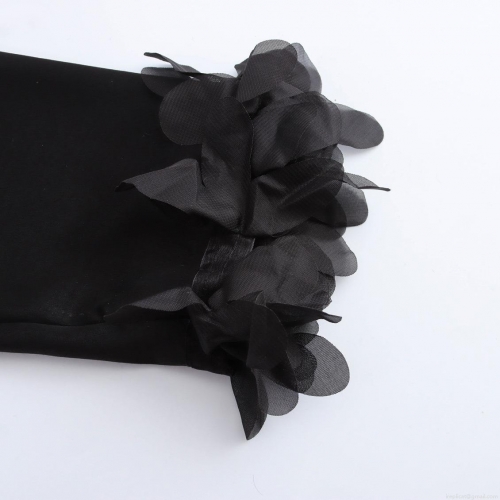 Women Elegant V-Neck Long Sleeve Blouse With 3D Floral Applique Decoration Solid Black Intellectual Urban Office Tops For Women