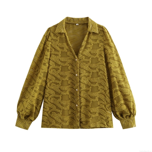 Women's Vintage V-Neck Lantern Sleeve Shirt Textured Jacquard Loose Blouse With Pearl Buttons Autumn Winter Retro Top