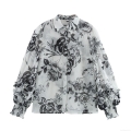 Vintage Floral Print Chiffon Blouse Elegant Wood Ear Ruffle Trim Long Puff Sleeve Sheer Button Down Shirt For Women Daily Vacation Spring Autumn Fashion Tops