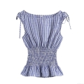 Women's Plaid Sleeveless Blouse Sweet Retro Smocked Waist Peplum Top With Adjustable Tie-Shoulder Straps Summer Fashion Woven Polyester Shirt For Ladies