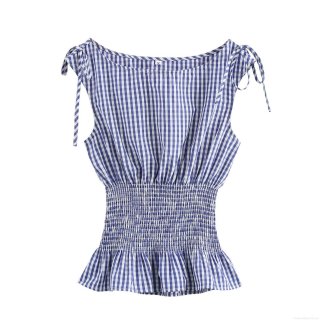 Women's Plaid Sleeveless Blouse Sweet Retro Smocked Waist Peplum Top With Adjustable Tie-Shoulder Straps Summer Fashion Woven Polyester Shirt For Ladies