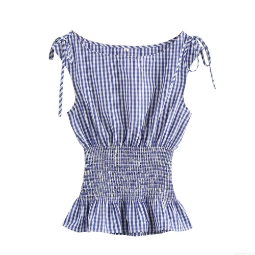 Women's Plaid Sleeveless Blouse Sweet Retro Smocked Waist Peplum Top With Adjustable Tie-Shoulder Straps Summer Fashion Woven Polyester Shirt For Ladies