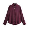 Elegant Satin Blouse For Women Long Sleeve Silk Like Button Down Shirt Urban Commuter Office Tops With Gold Metal Buttons