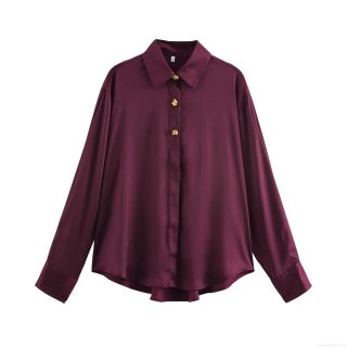 Elegant Satin Blouse For Women Long Sleeve Silk Like Button Down Shirt Urban Commuter Office Tops With Gold Metal Buttons